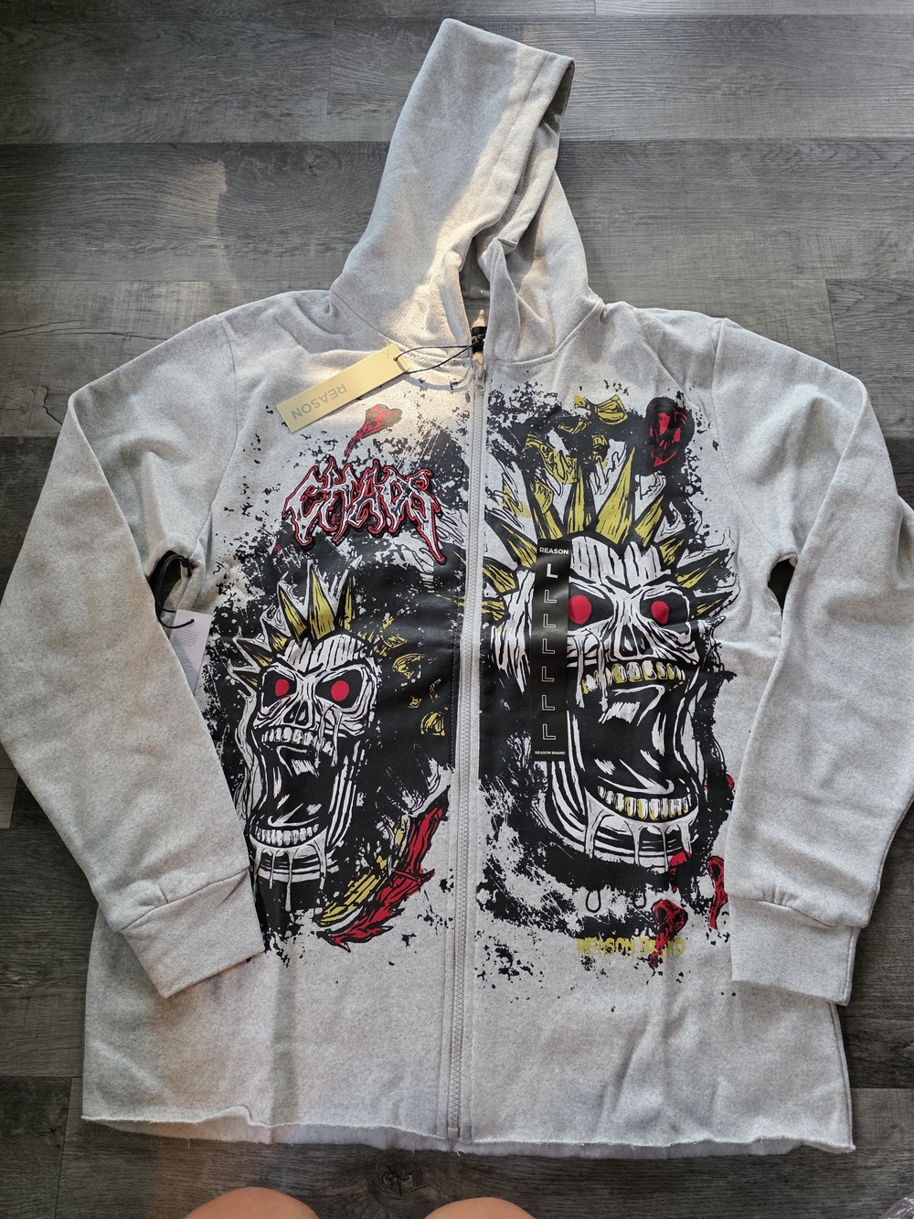 Reason Light Gray Skull Graphic Zip Hoodie with Red & Yellow Accents